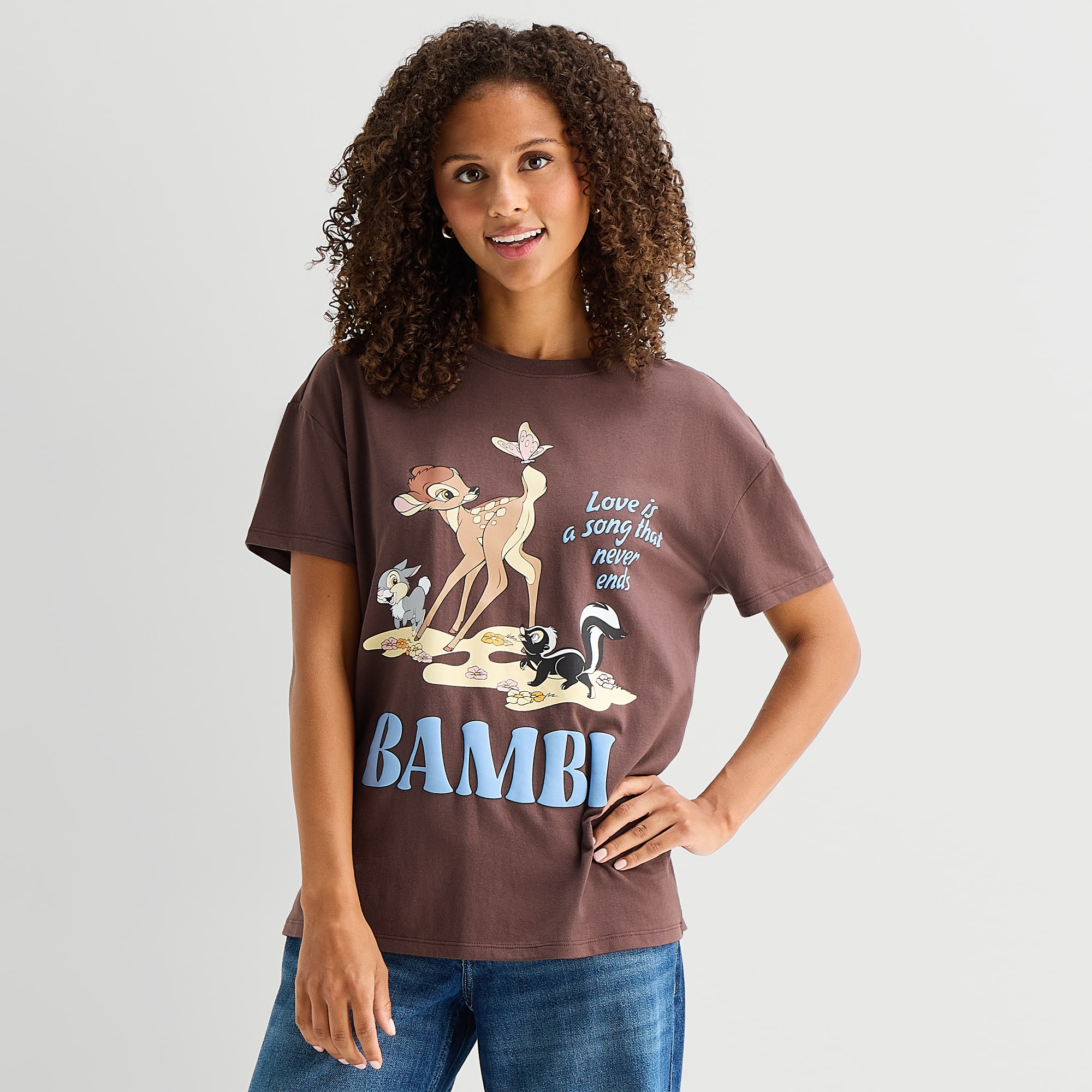 Womens Juniors Crew Neck Short Sleeve Regular Fit Bambi Graphic T-Shirt