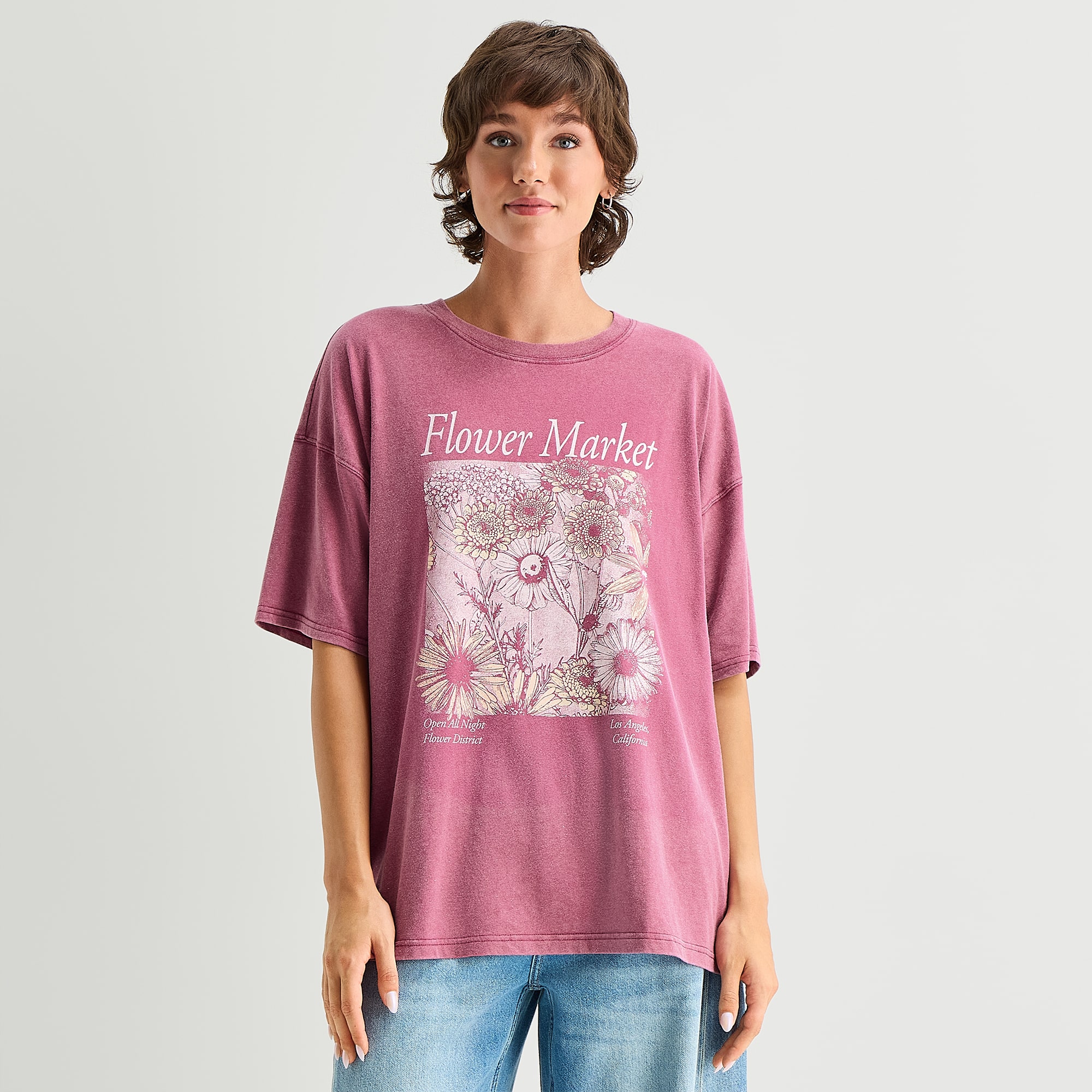 Flower Market Womens Juniors Crew Neck Elbow Sleeve Oversized Graphic T-Shirt