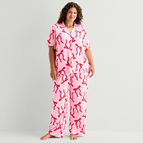Sleep Chic Womens Short Sleeve 2-pc. Plus Pajama Set In Pink