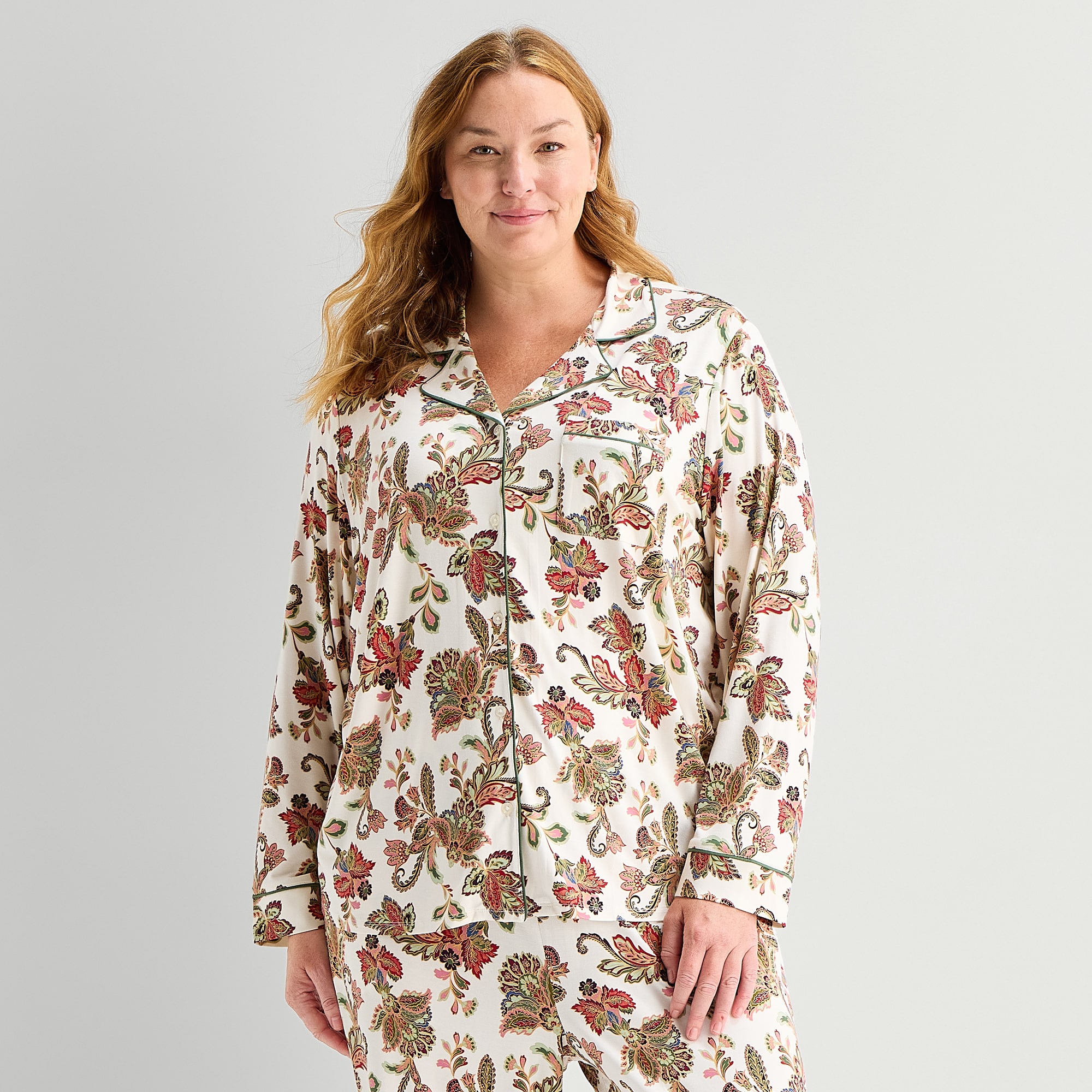 Liz Claiborne Cool and Calm Womens Long Sleeve Plus Pajama Top