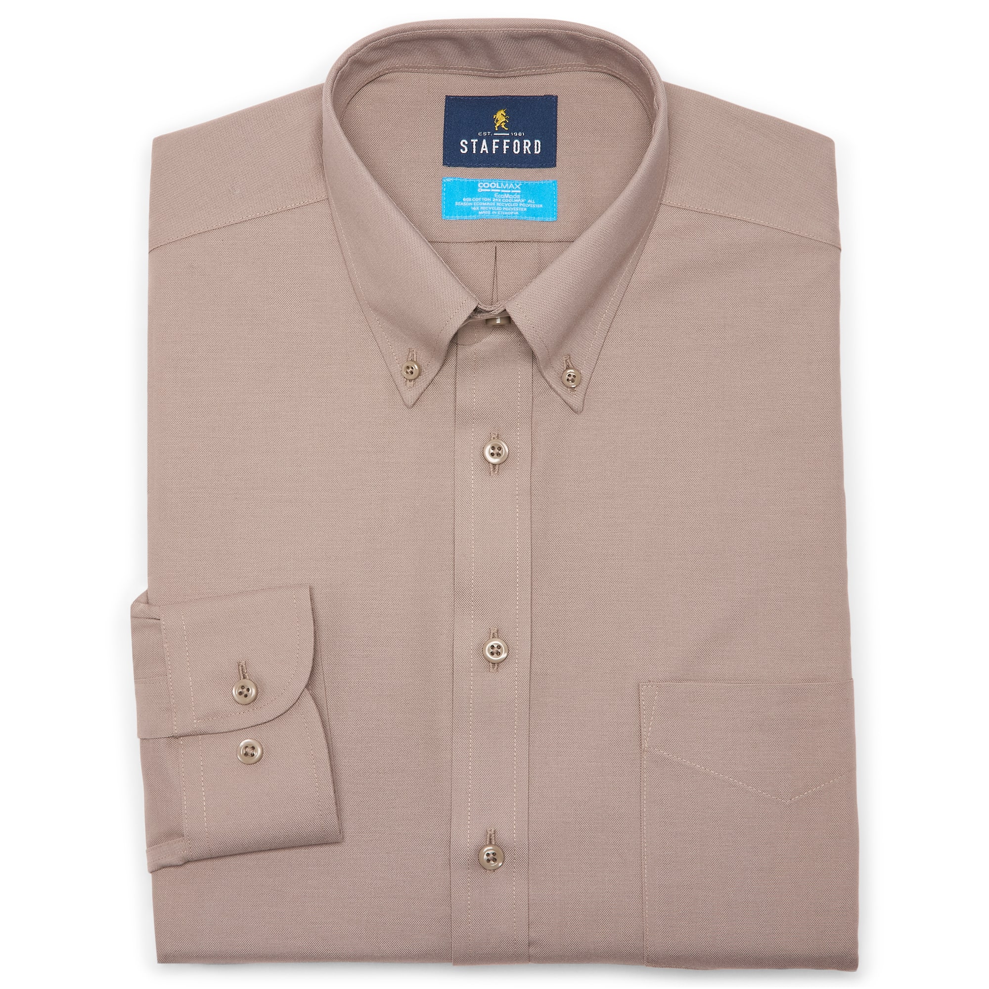 Stafford Coolmax All Season Ecomade Oxford Mens Regular Fit Stretch Fabric Wrinkle Free Long Sleeve Dress Shirt