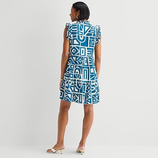 Sandra Darren Womens Notch Neck Sleeveless Geometric Shift Dress