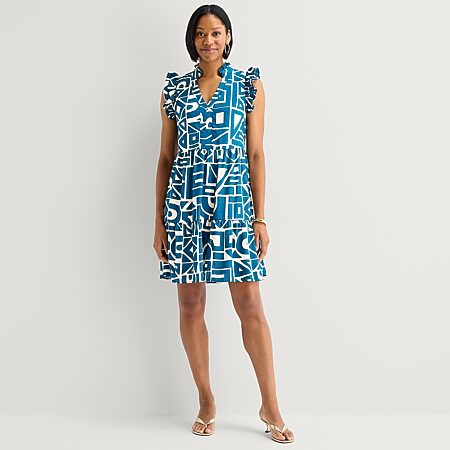 Clover And Sloane Womens V Neck 3/4 Sleeve Geometric Shift Dress