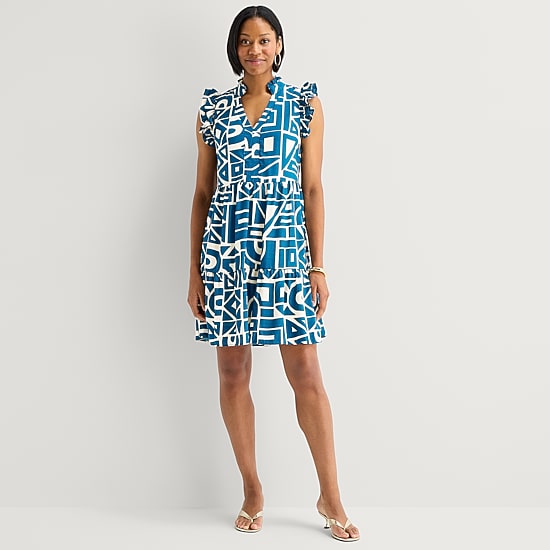 Sandra Darren Womens Notch Neck Sleeveless Geometric Shift Dress