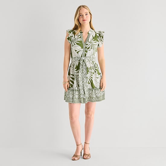 Studio 1 Womens Short Sleeve Leaf Shirt Dress