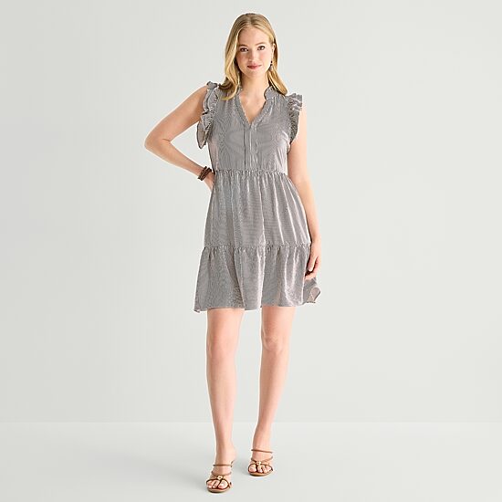 Studio 1 Womens V Neck Short Sleeve Striped Shift Dress