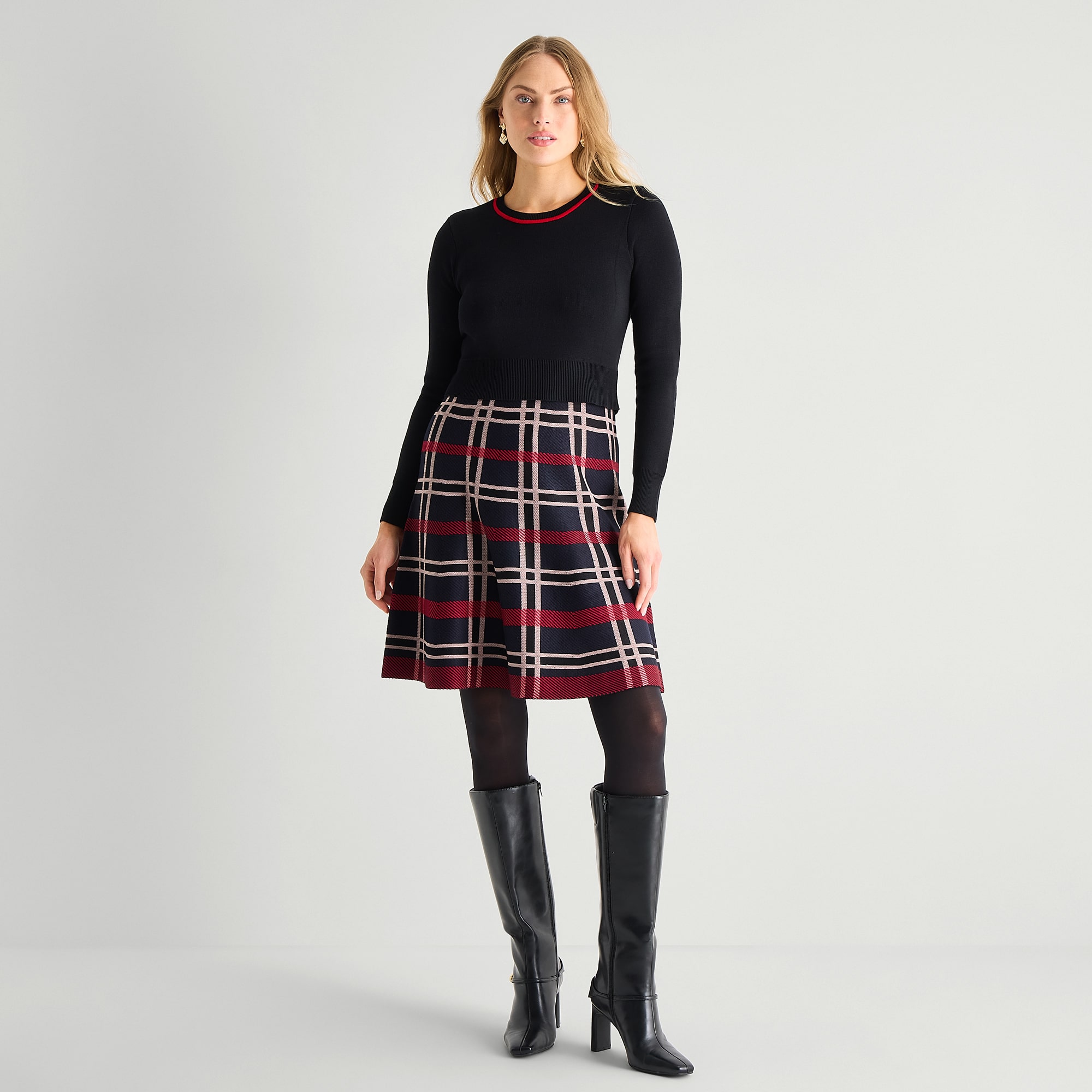 Jessica Howard Womens Long Sleeve Plaid Sweater Dress