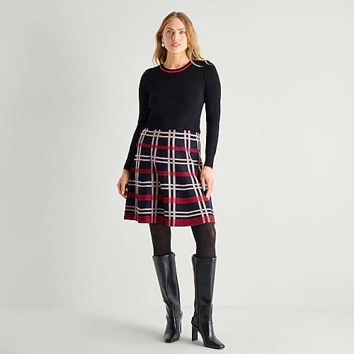 Jessica Howard Womens Long Sleeve Plaid Sweater Dress In Black