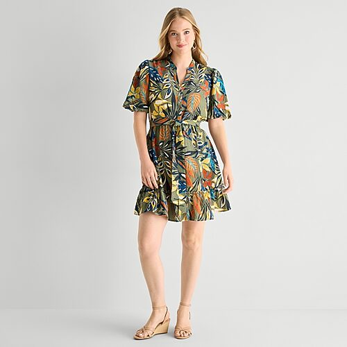 Studio 1 Womens Short Sleeve Abstract Shirt Dress In Green