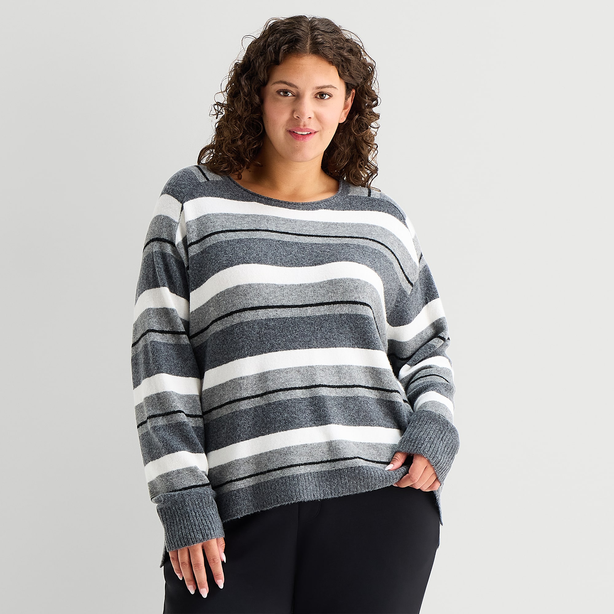 Stylus Plus Womens Crew Neck Long Sleeve Striped Pullover Sweater