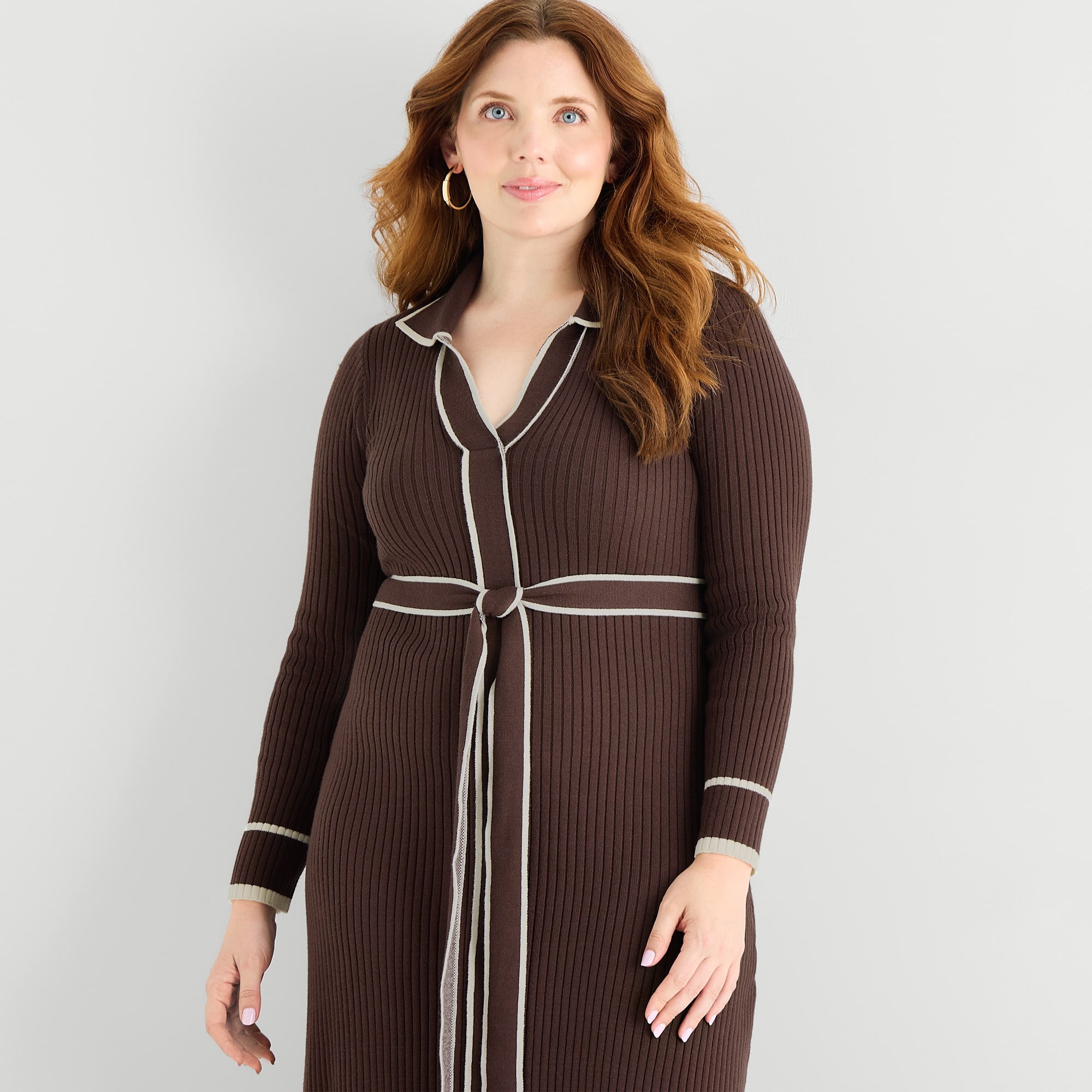 Melonie T Womens Plus Long Sleeve Belted Midi Sweater Dress