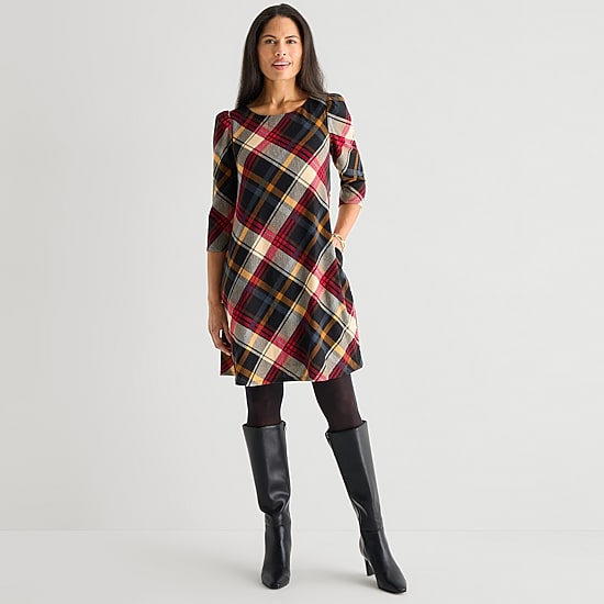 Jessica Howard Womens Boat Neck 3/4 Sleeve Plaid Shift Dress