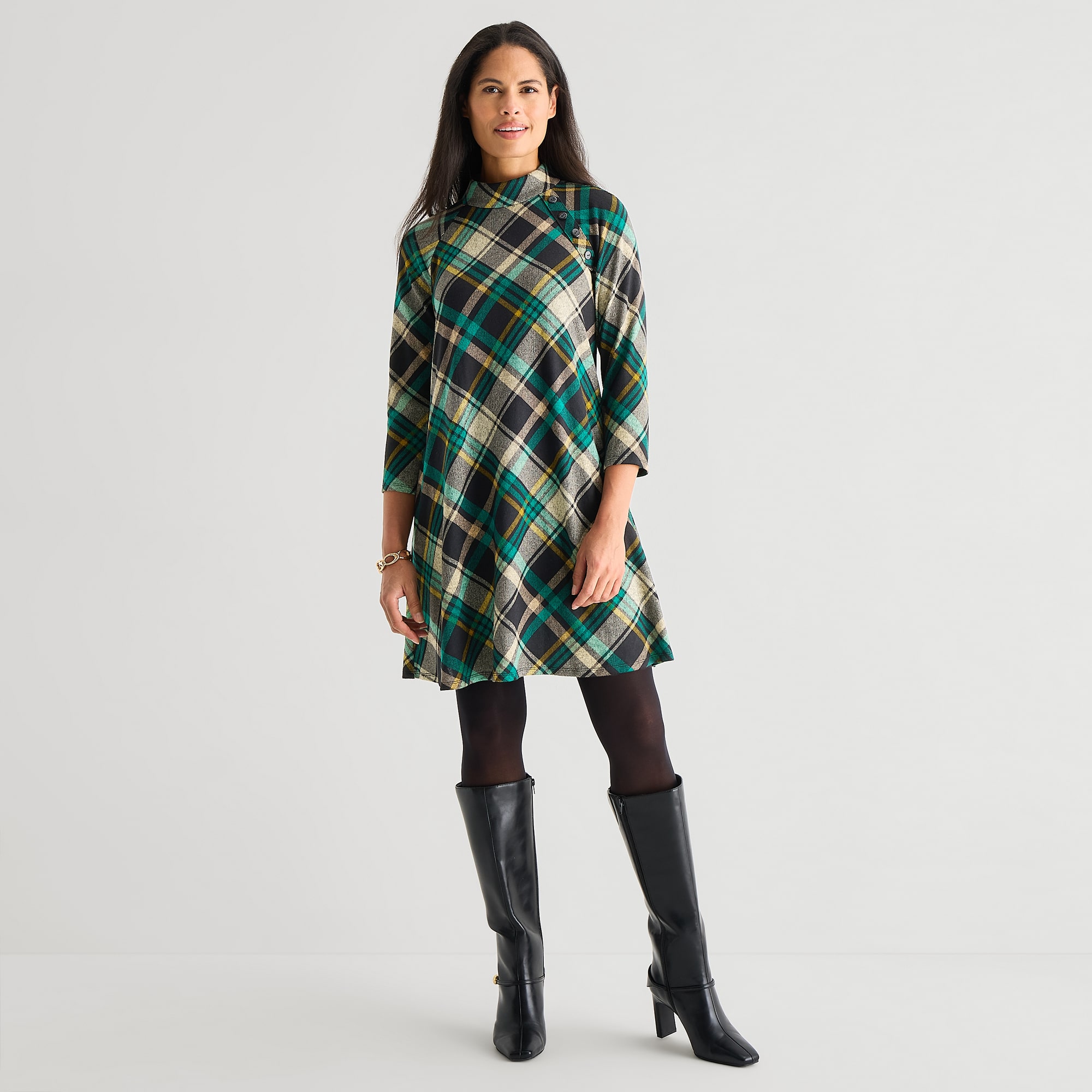 Jessica Howard Womens Mock Neck 3/4 Sleeve Plaid Shift Dress