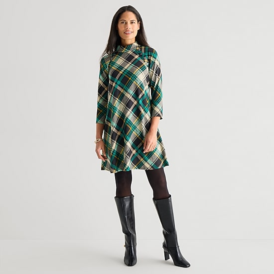Jessica Howard Womens Mock Neck 3/4 Sleeve Plaid Shift Dress