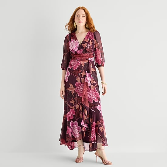 Danny & Nicole Womens V Neck 3/4 Sleeve Balloon Chiffon Maxi Dress