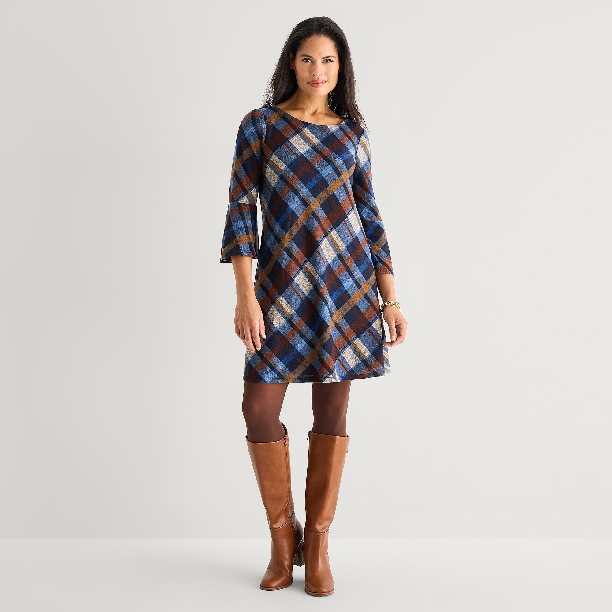 Jessica Howard Womens Boat Neck Long Sleeve Plaid Shift Dress