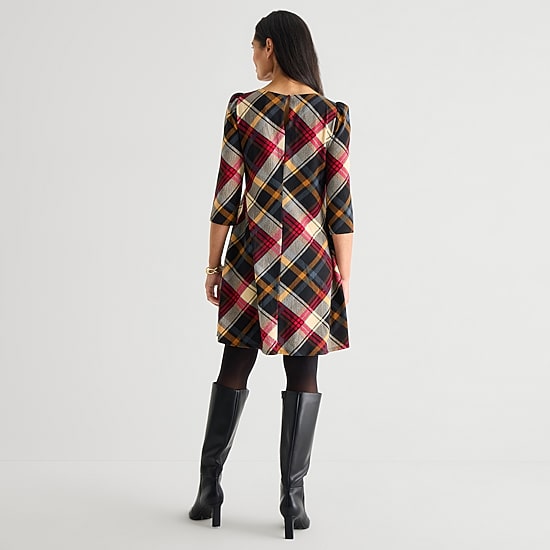 Jessica Howard Womens Boat Neck 3/4 Sleeve Plaid Shift Dress