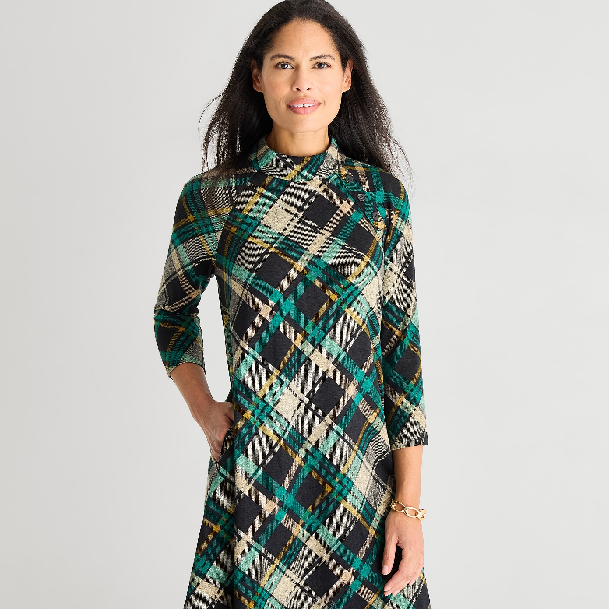 Jessica Howard Womens Mock Neck 3/4 Sleeve Plaid Shift Dress