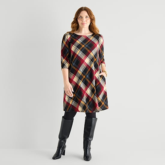 Jessica Howard Womens Plus Boat Neck 3/4 Sleeve Plaid Shift Dress