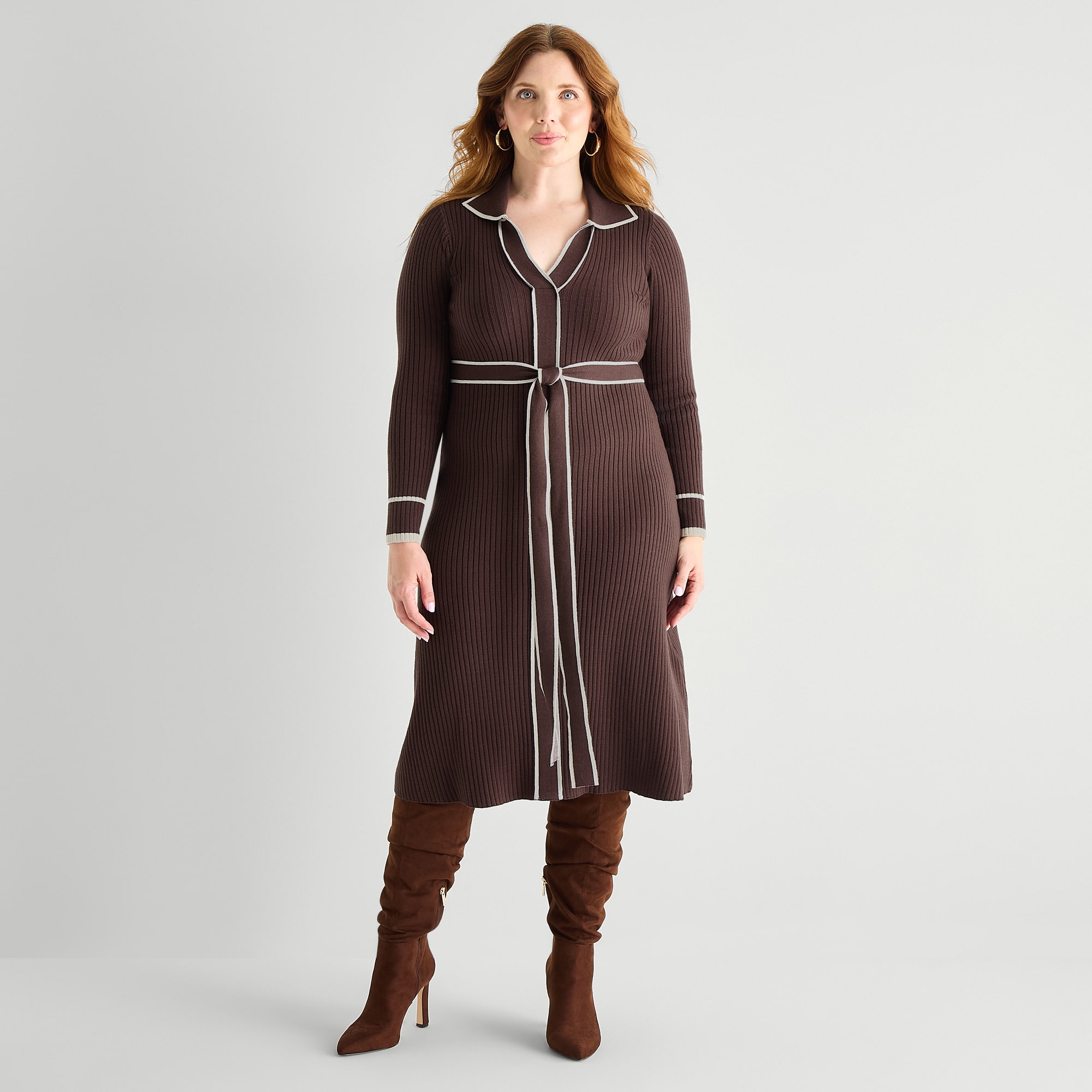 Melonie T Womens Plus Long Sleeve Belted Midi Sweater Dress