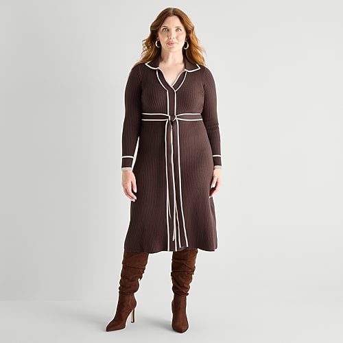 Melonie T Womens Plus Long Sleeve Belted Midi Sweater Dress In Brown