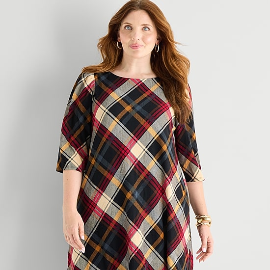 Jessica Howard Womens Plus Boat Neck 3/4 Sleeve Plaid Shift Dress