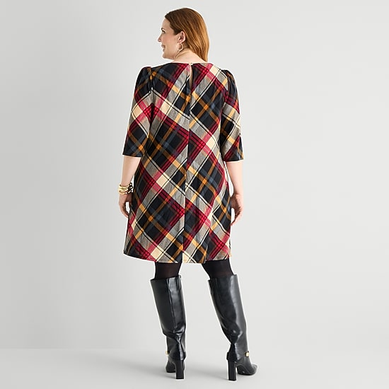 Jessica Howard Womens Plus Boat Neck 3/4 Sleeve Plaid Shift Dress