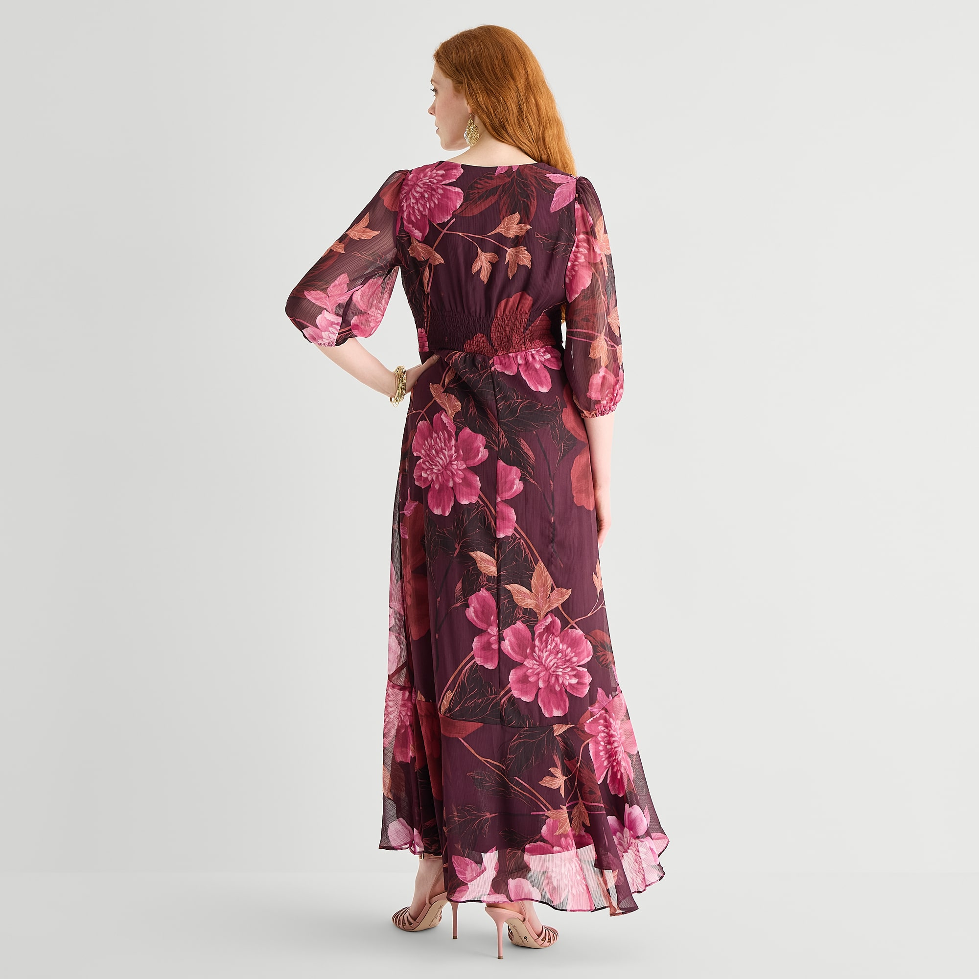 Danny & Nicole Womens V Neck 3/4 Sleeve Balloon Chiffon Maxi Dress
