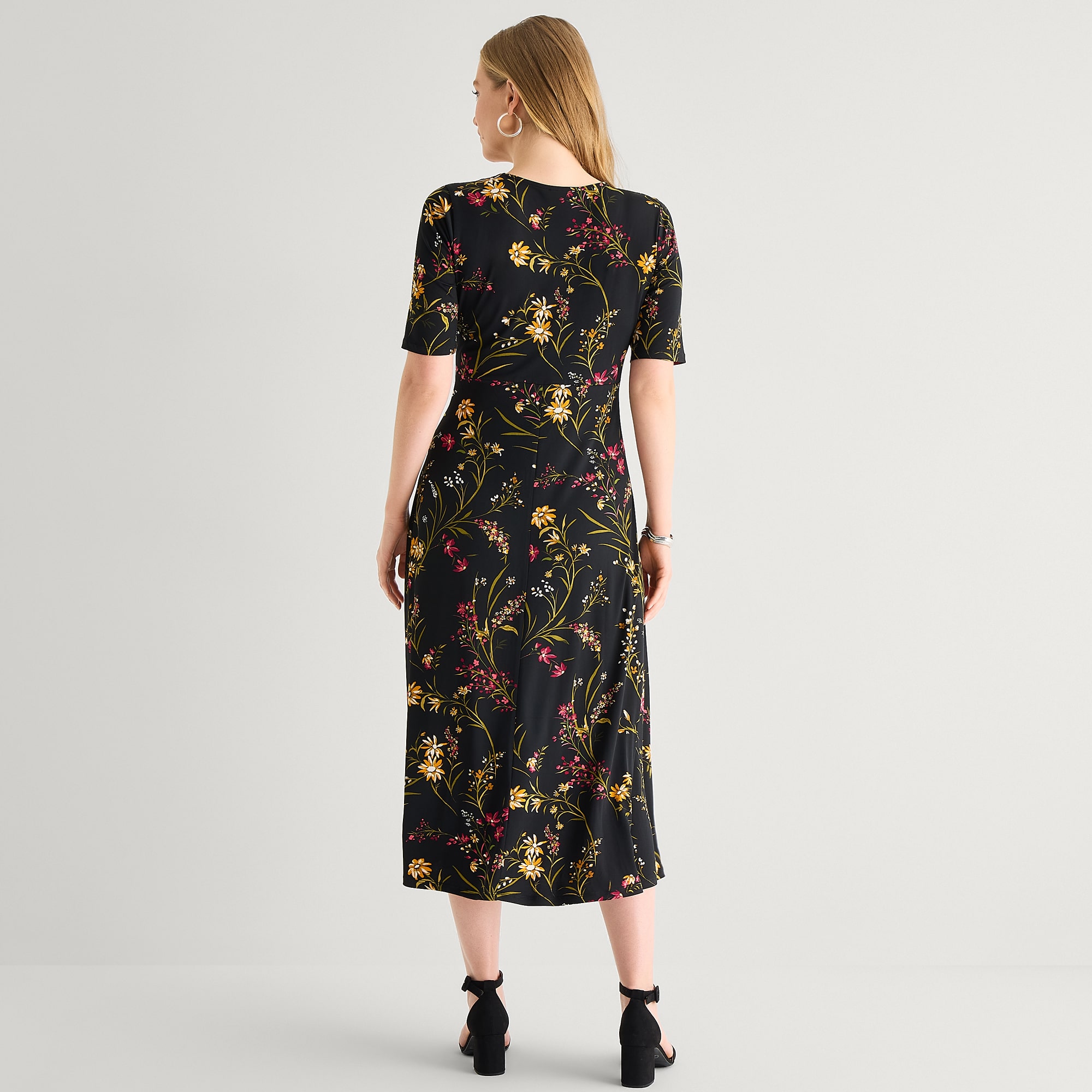 MSK Womens Midi V Neck 3/4 Sleeve Fitted Floral Fit + Flare Dress