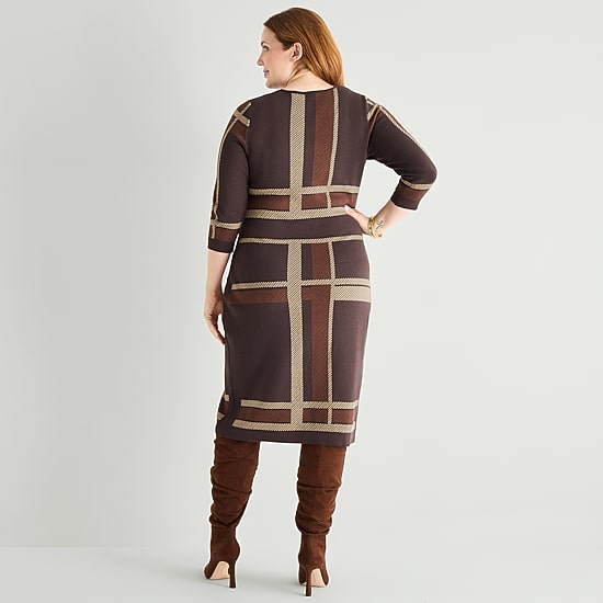 Danny & Nicole Womens Plus 3/4 Sleeve Plaid Sweater Dress