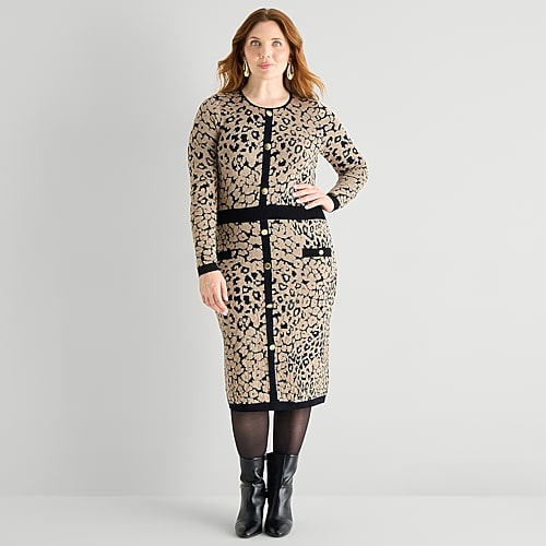 Melonie T Womens Plus Long Sleeve Animal Sweater Dress In Brown
