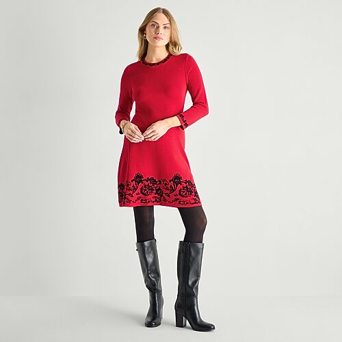 Jessica Howard Womens 3/4 Sleeve Bordered Sweater Dress In Red