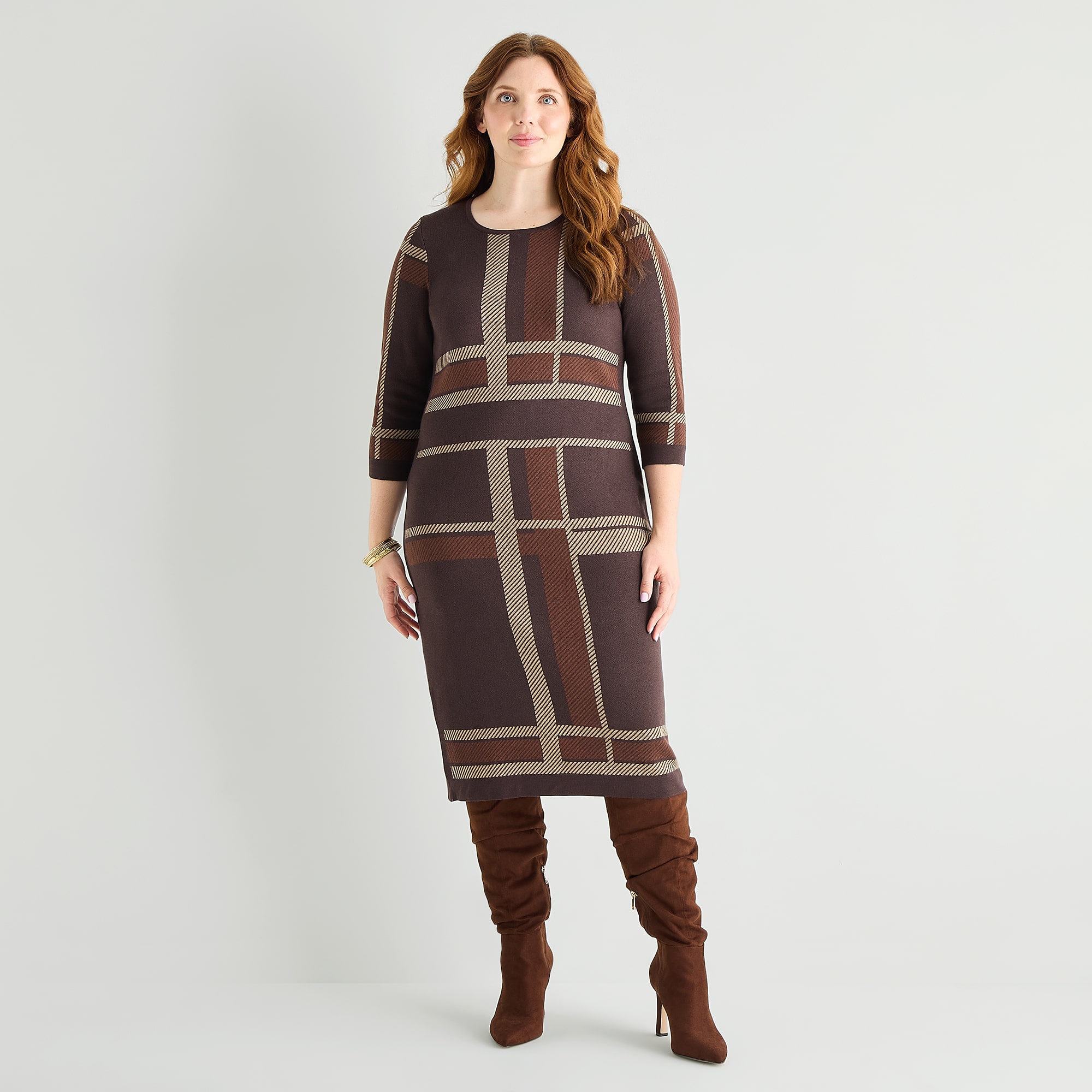 Danny & Nicole Womens Plus 3/4 Sleeve Plaid Sweater Dress