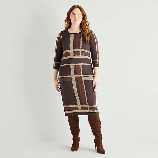 Danny & Nicole Womens Plus 3/4 Sleeve Plaid Sweater Dress