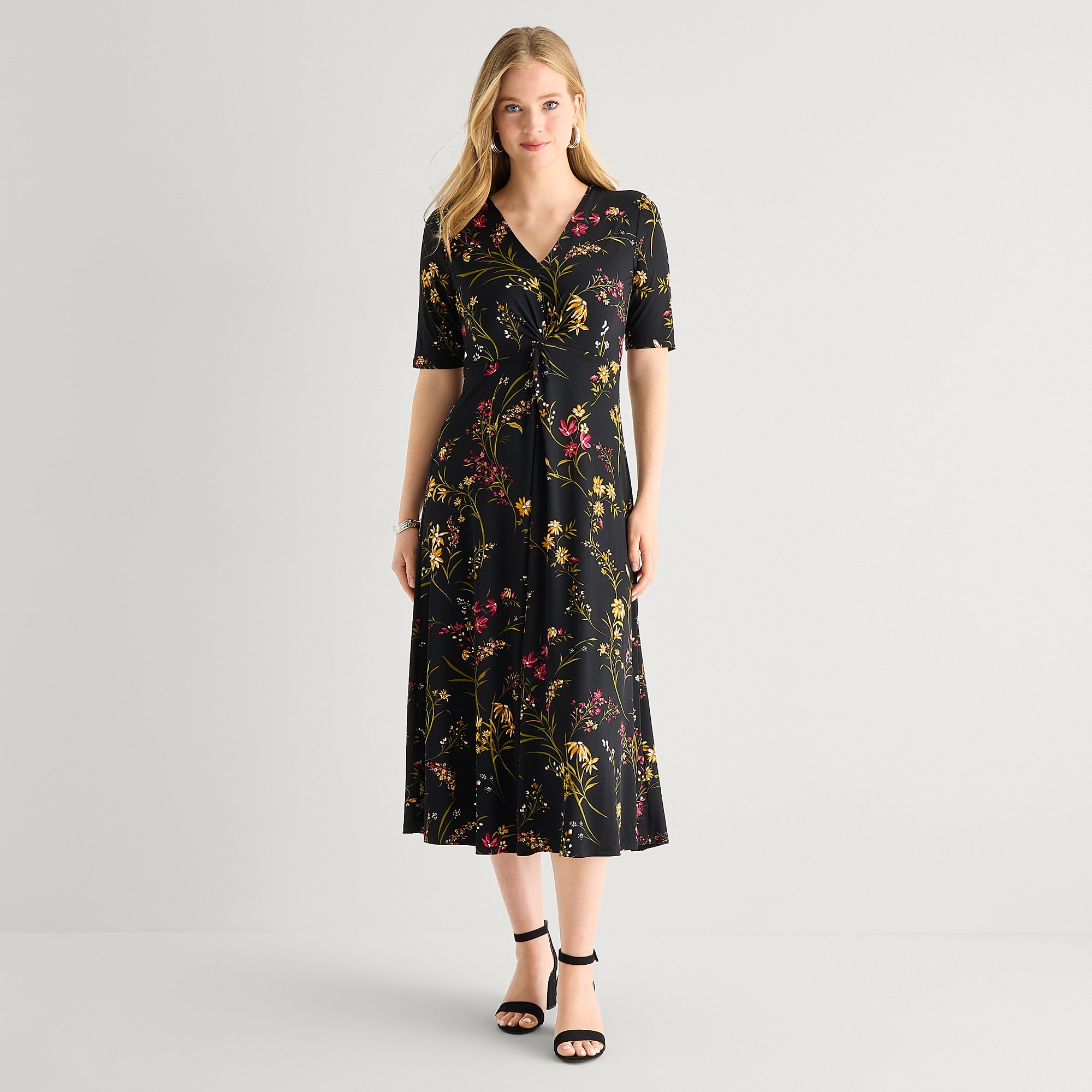 MSK Womens Midi V Neck 3/4 Sleeve Fitted Floral Fit + Flare Dress