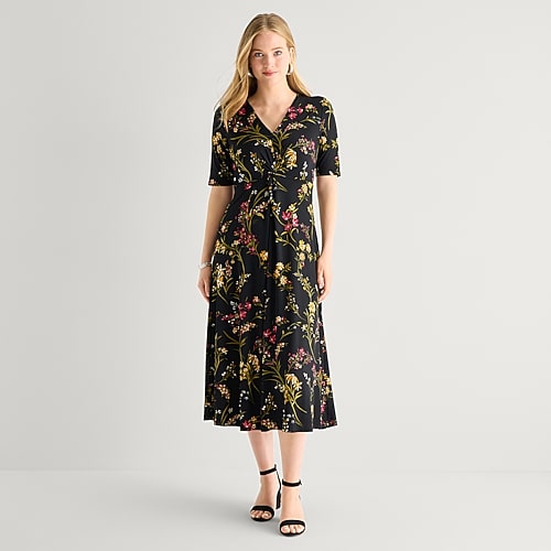 Msk Womens Midi V Neck 3/4 Sleeve Fitted Floral Fit + Flare Dress In Black