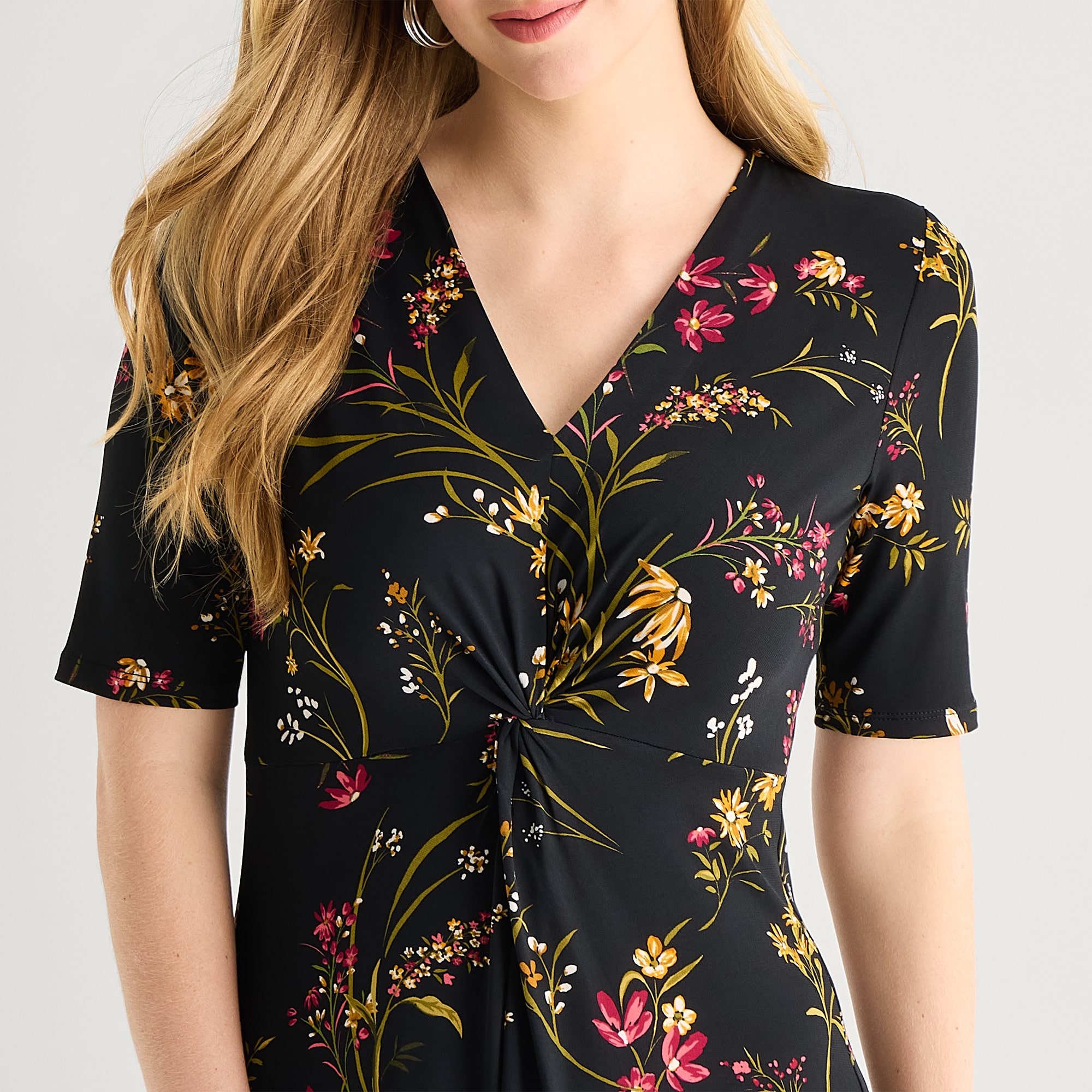 MSK Womens Midi V Neck 3/4 Sleeve Fitted Floral Fit + Flare Dress
