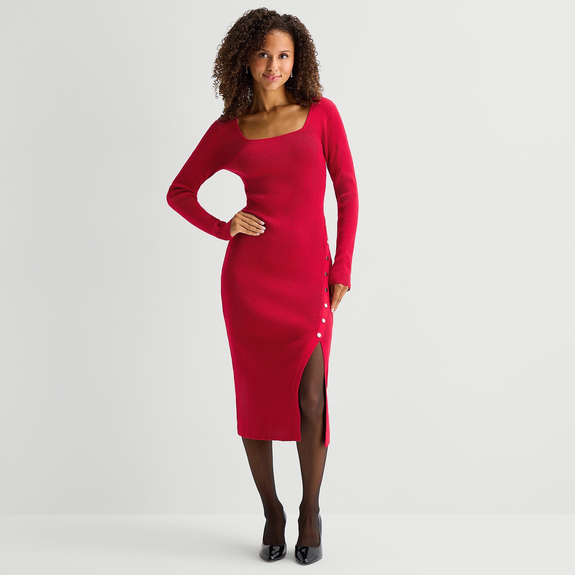 by&by Womens Long Sleeve Midi Sweater Dress