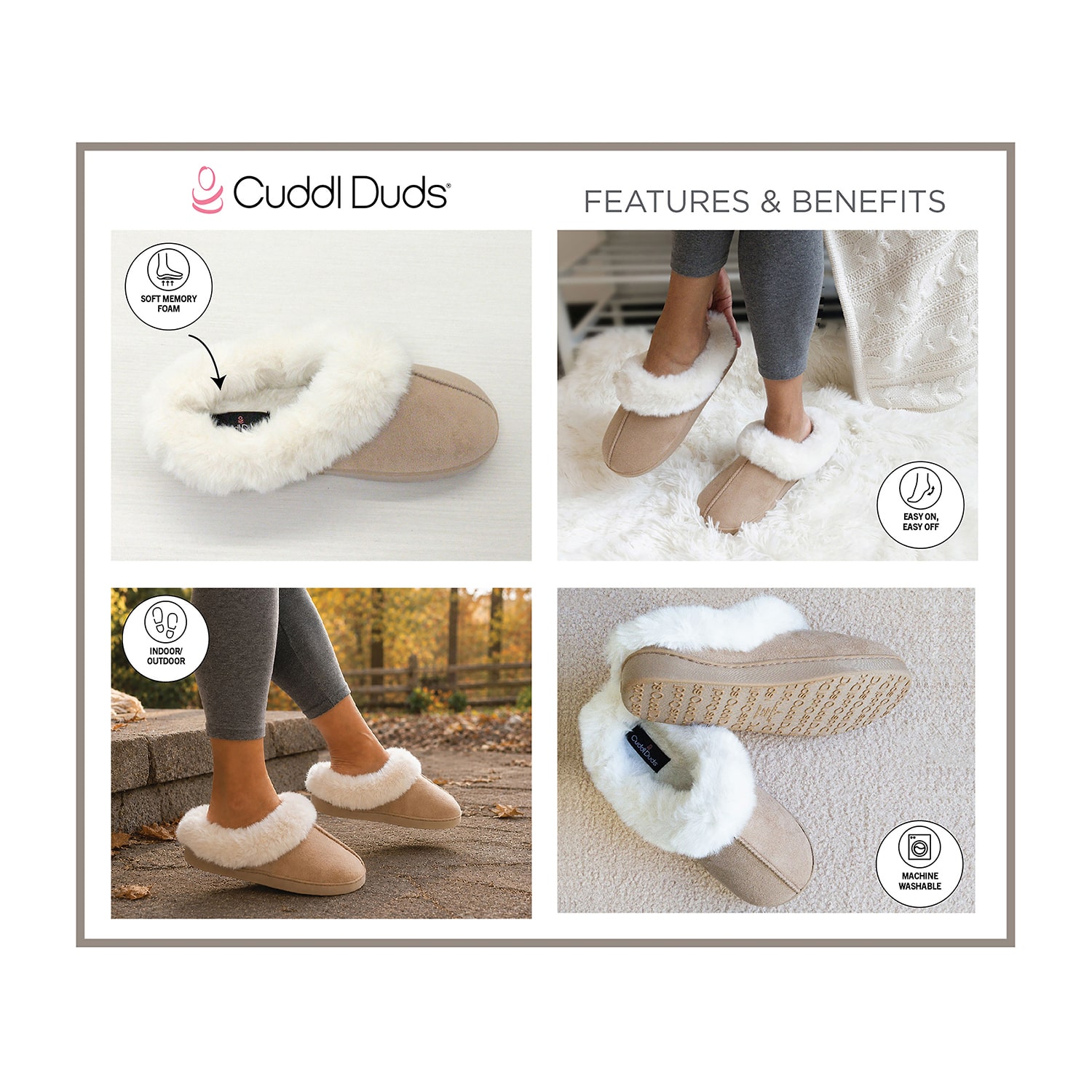 Cuddl Duds Faux Fur Womens Memory Foam Clog Slippers