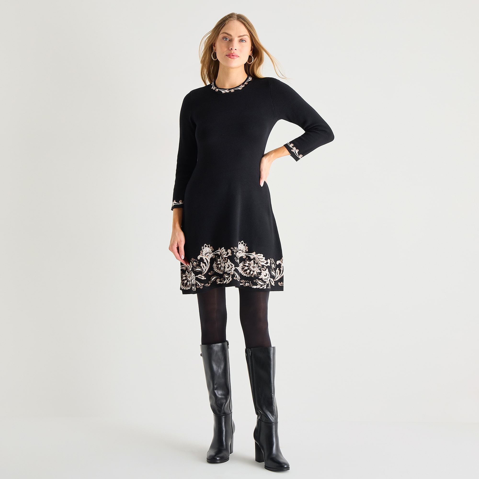 Jessica Howard Womens 3/4 Sleeve Bordered Sweater Dress