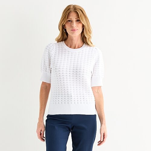 Liz Claiborne Womens Petite Crew Neck Short Sleeve Pullover Sweater In White