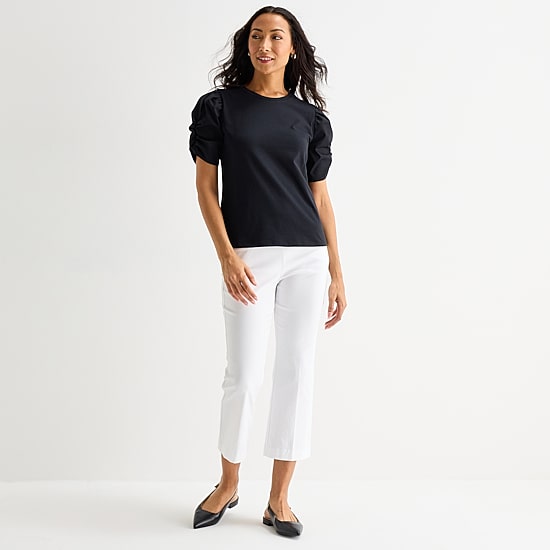 Liz Claiborne Womens Petite Crew Neck Short Sleeve Blouse