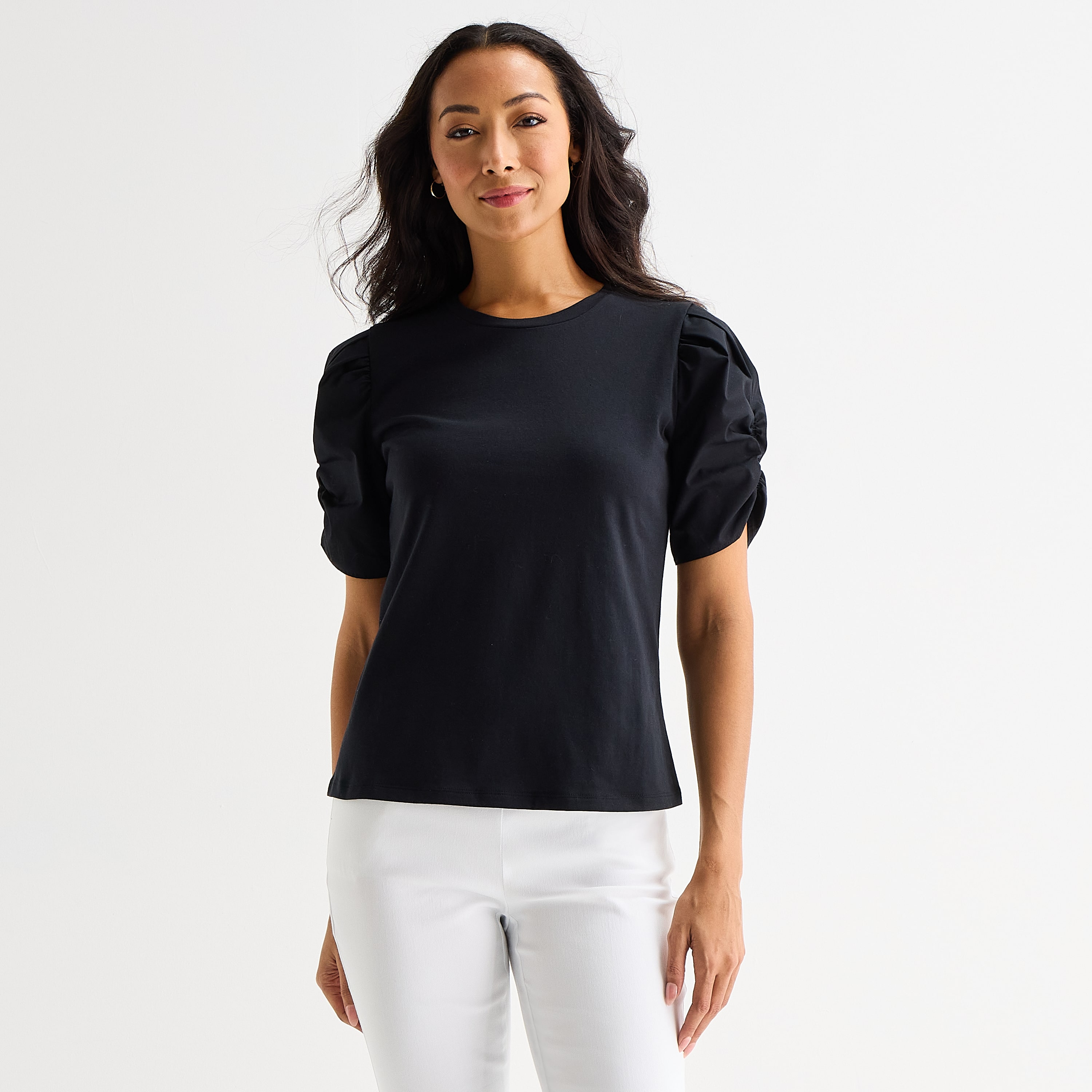 Liz Claiborne Womens Petite Crew Neck Short Sleeve Blouse