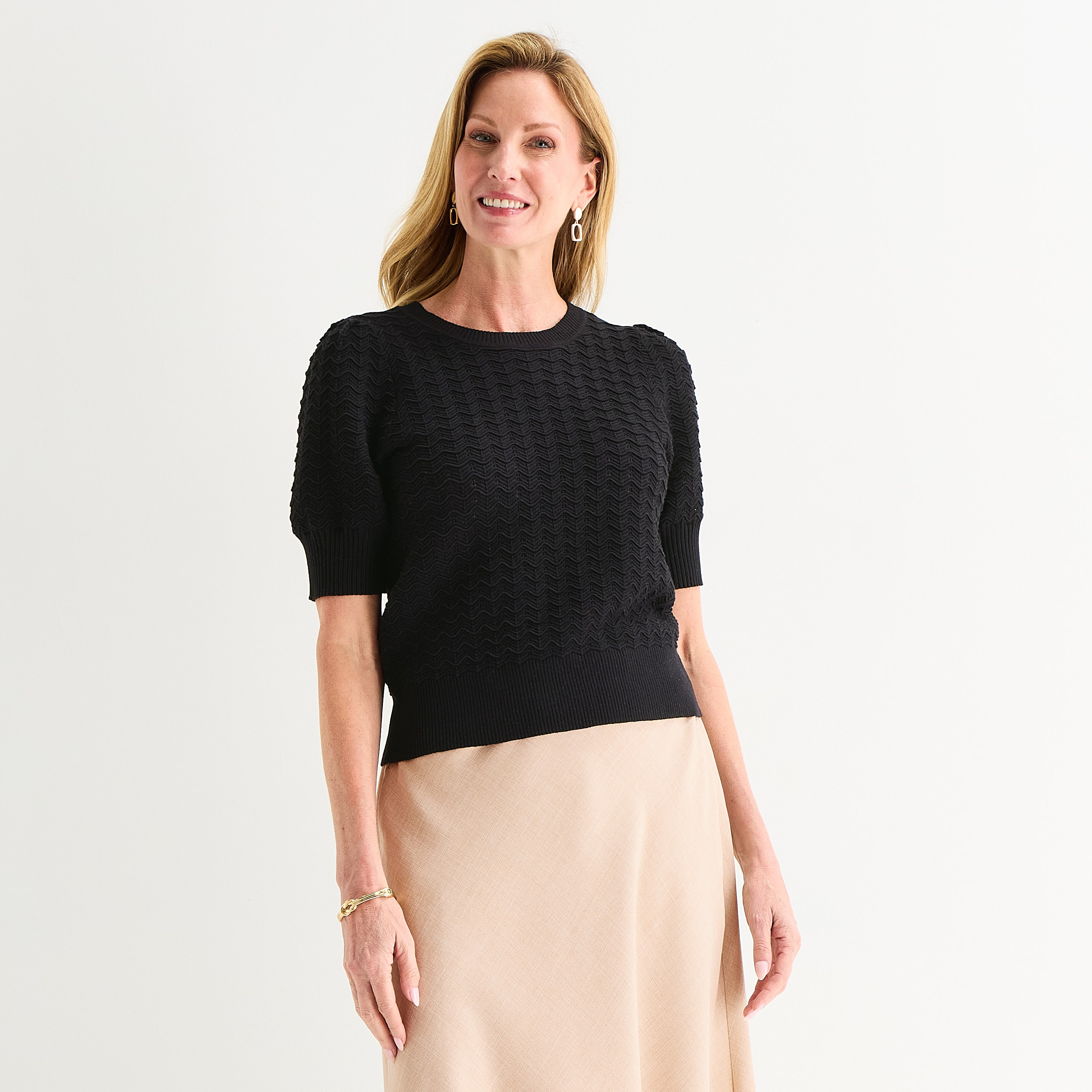 Liz Claiborne Petite Womens Crew Neck Short Sleeve Pullover Sweater
