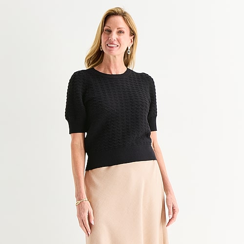 Liz Claiborne Womens Petite Crew Neck Short Sleeve Pullover Sweater In Black