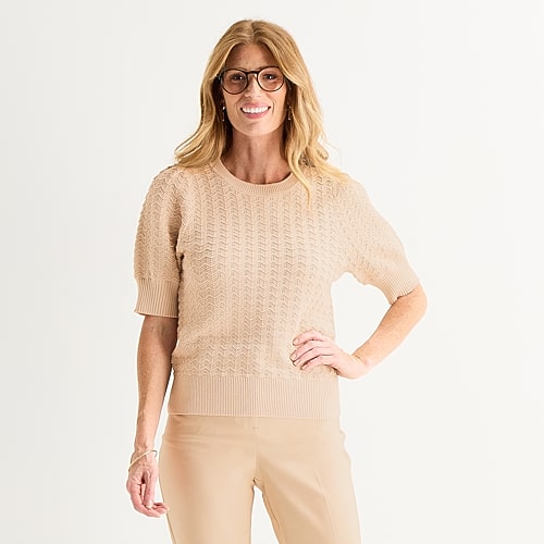Liz Claiborne Womens Petite Crew Neck Short Sleeve Pullover Sweater In Beige