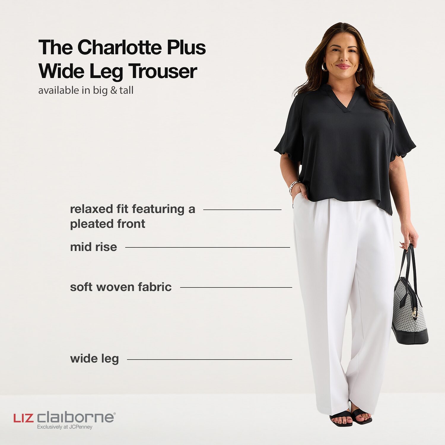 Liz Claiborne Charlotte Womens Plus Wide Leg Mid Rise Trouser