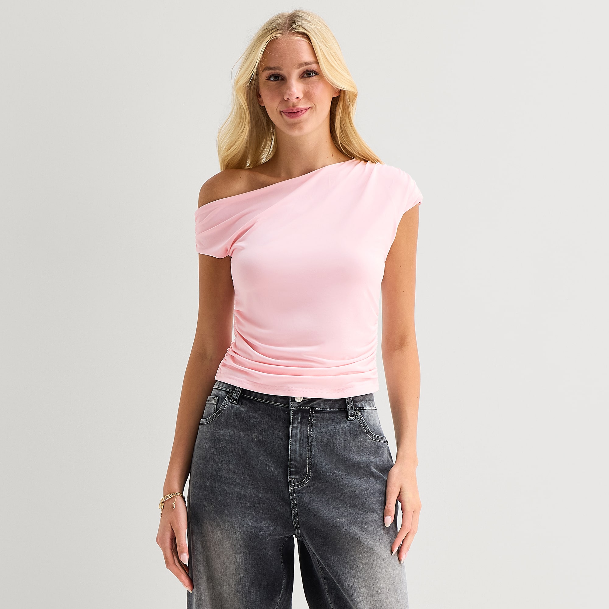 Forever 21 Womens Juniors Asymmetrical Neck Short Sleeve Blouse