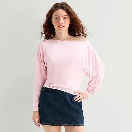 Forever 21 Womens Juniors Asymmetrical Neck Long Sleeve T-shirt In Pink
