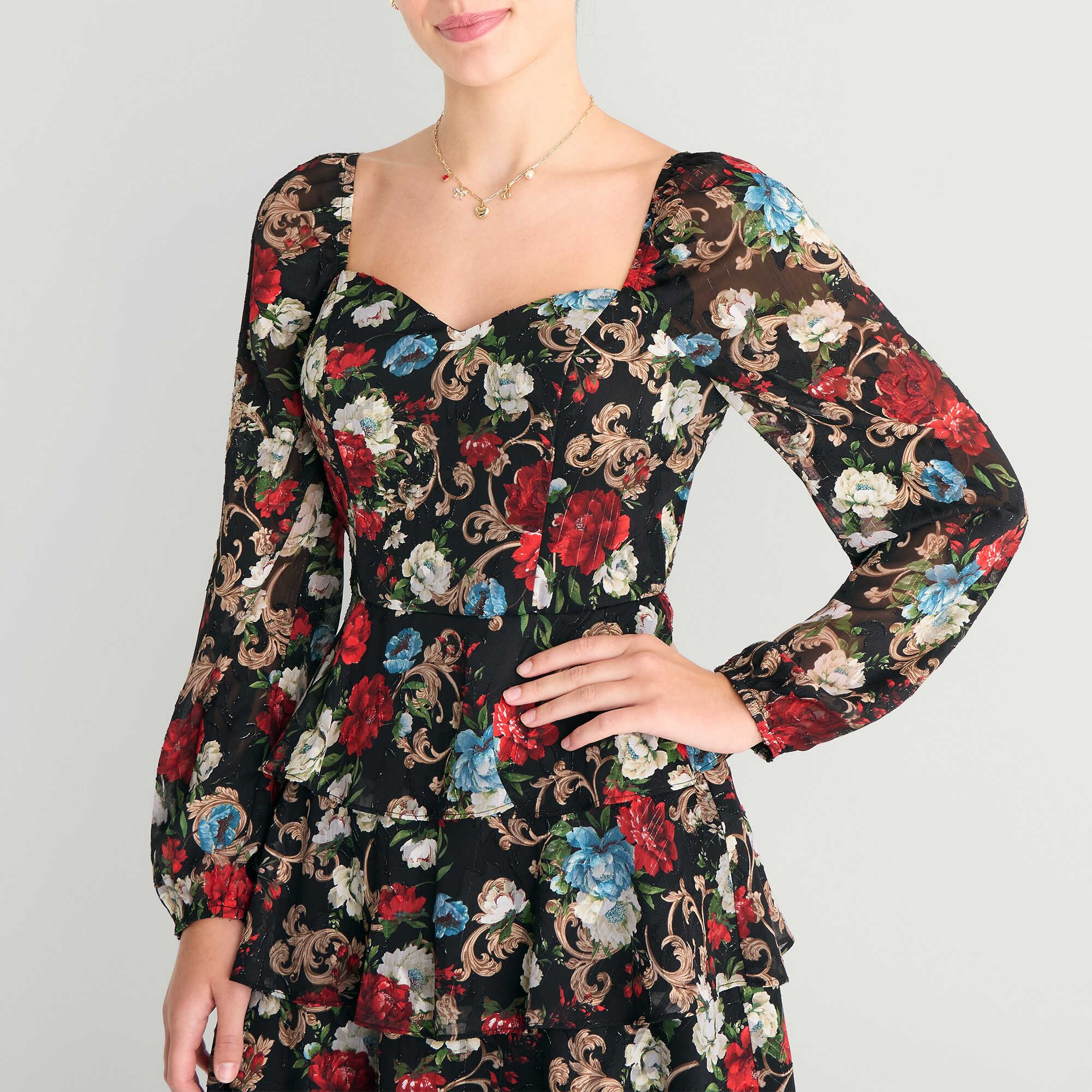 Byer California Womens Juniors Sweetheart Neck Long Sleeve Drop Shoulder Floral Fit + Flare Dress